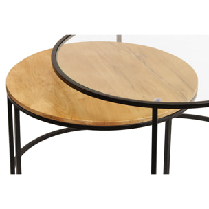 Tables basses gigognes rondes verre trempé, bois manguier massif et métal noir (lot de 2) TAHL