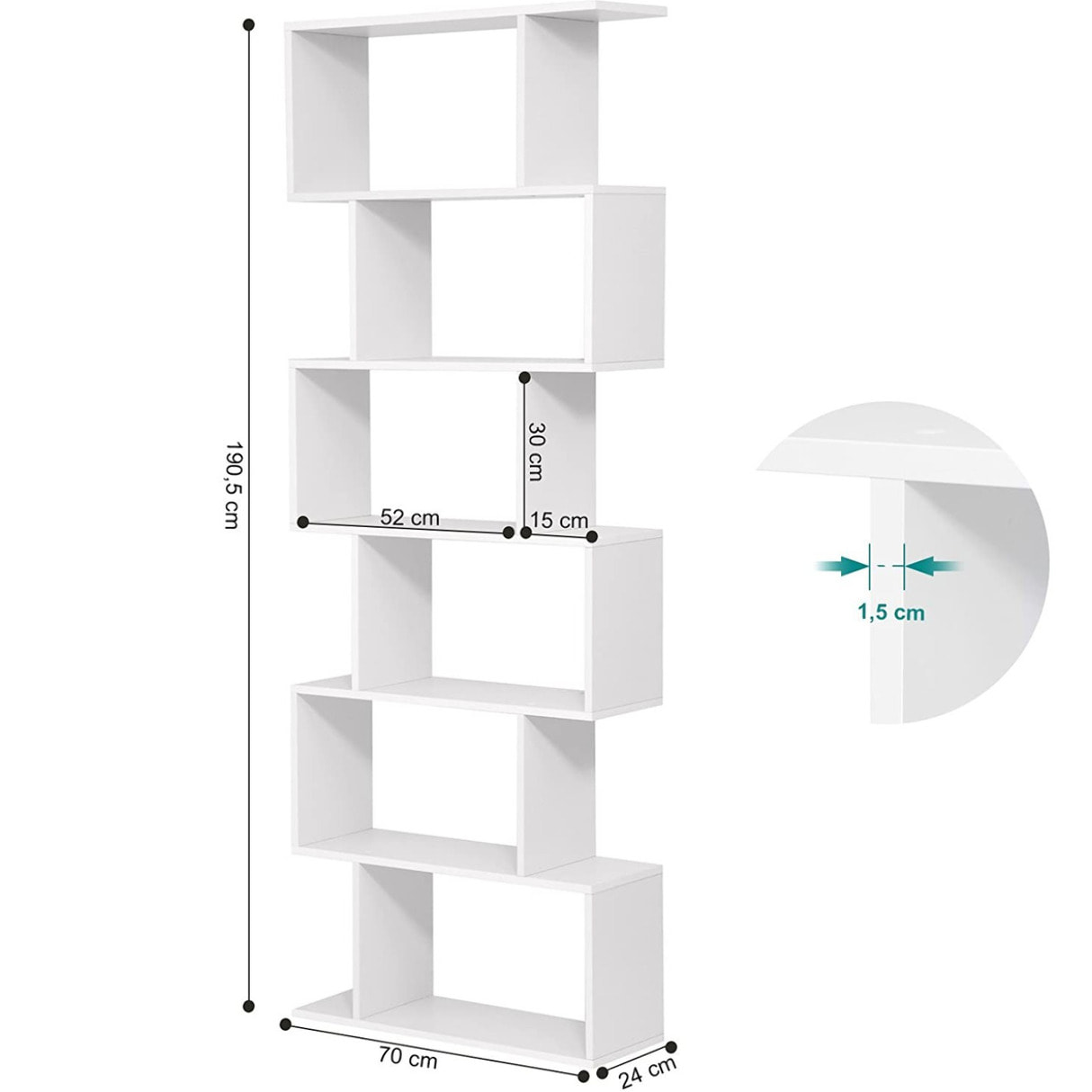 Libreria a zig-zag moderna bianca a 6 ripiani
