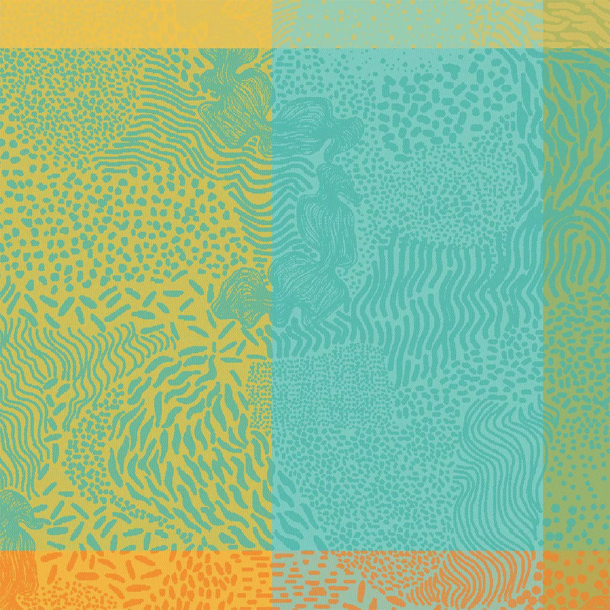 Serviette pur coton motif jacquard bleu jaune orange Mille vagues exotique