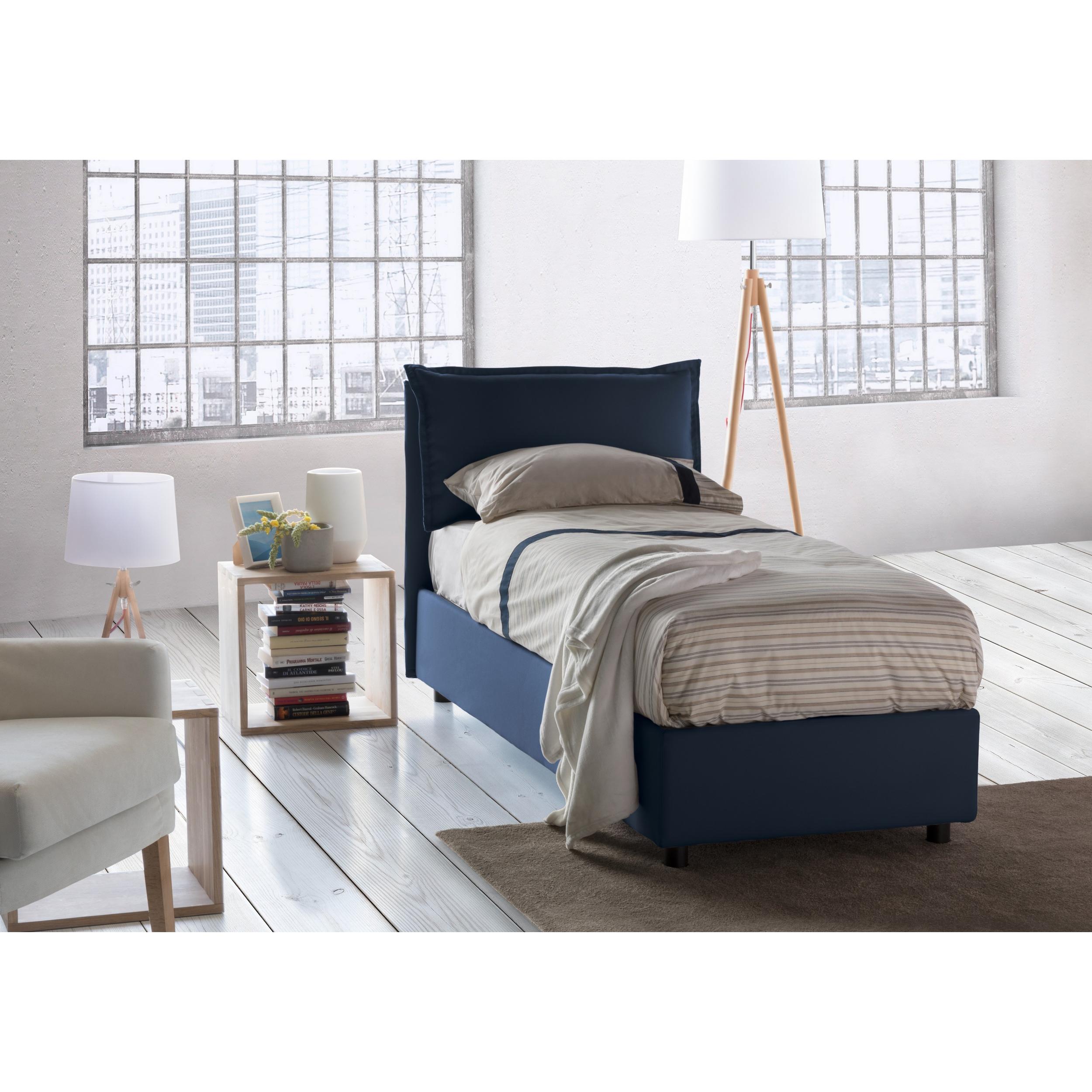 Letto singolo Carla, Letto contenitore con rivestimento in tessuto, 100% Made in Italy, Apertura frontale, adatto per materasso Cm 90x200, Blu