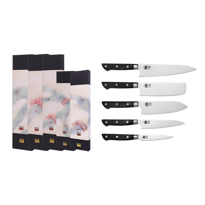 Il Set Completo: 5 coltelli (coltello da ufficio + petty + nakiri + santoku + gyuto)