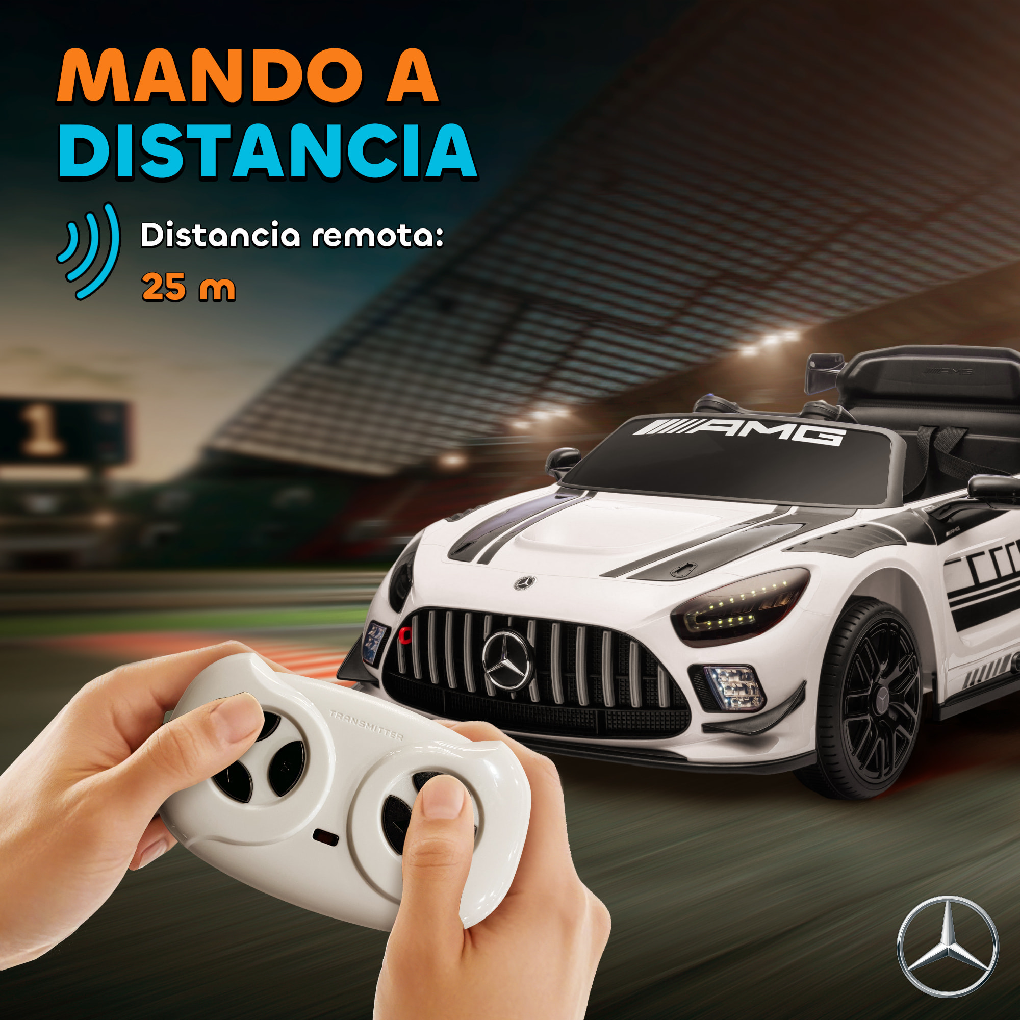 Coche Eléctrico para Niños, Mercedes-AMG GT3 Evo, Coche de Batería 12V, con Mando a Distancia 2,4 G, Motor Doble, Ruedas Auxiliares, Asa de Arrastre, Música Inalámbrica, Faros, Blanco