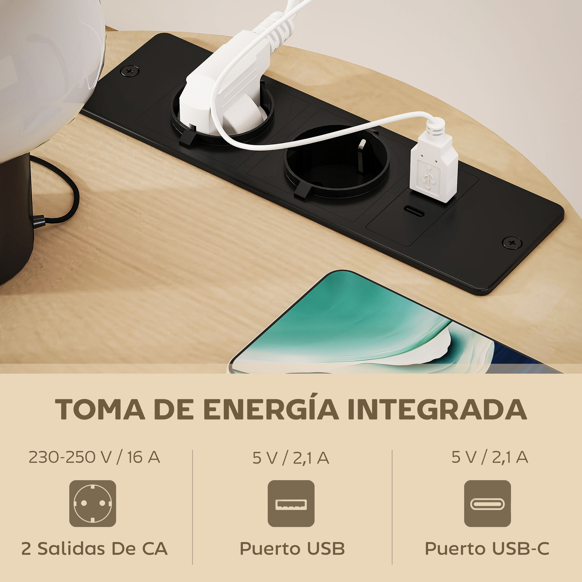 Mesa Auxiliar Redonda de 3 Niveles con Estación de Carga, Mesita Auxiliar Industrial con 2 Estantes Abiertos, Bolsa de Almacenaje, para Salón, Dormitorio, Librería, Ø50x55,1 cm, Madera Natural