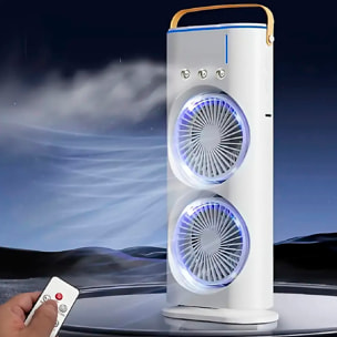 Ventilador torre RGB de doble cabezal con niebla de enfriamiento, 3 velocidades, oscilación de 90° y control remoto.