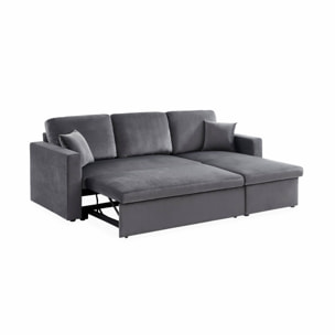 Canapé d'angle convertible en velours gris foncé 3 places. fauteuil d'angle réversible coffre rangement lit modulable