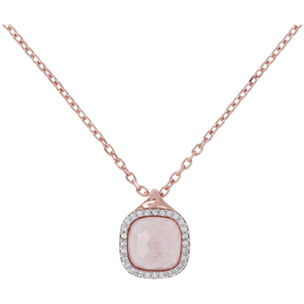 Collana Catena Rolo con Pendente Quadrato in Calcedonio Rosa e Pavé in Cubic Zirconia