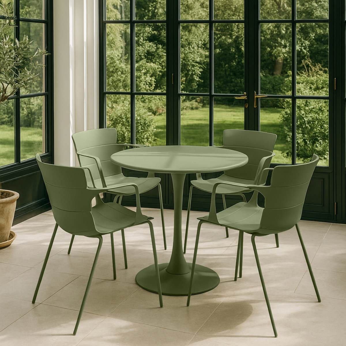 Ensemble de repas table et 4 fauteuils en polypropylène vert MONTAUK