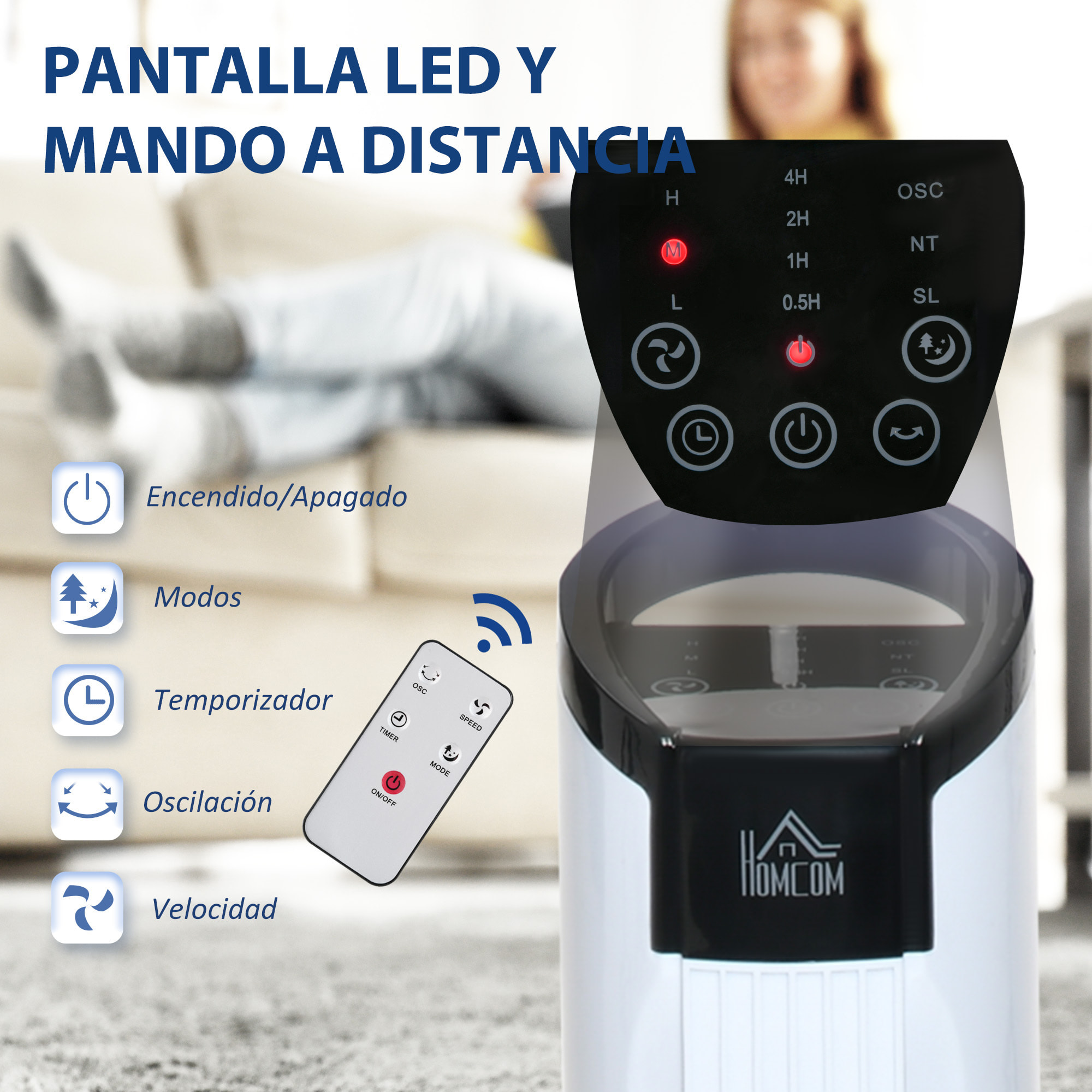 Ventilador de Torre Ventilador Vertical 50W con Mando a Distancia 3 Velocidades Pantalla LED Temporizador 7,5h y Oscilante 70° Ø20x78,5 cm