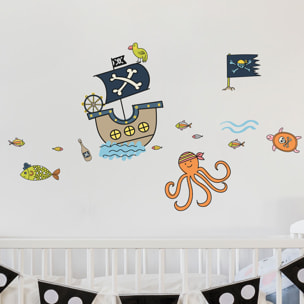 Stickers muraux | Sticker Mural Autocollant - ANIMAUX DE LA MER ET LES PIRATES - adhésifs fond transparent