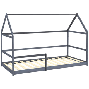 Lit cabane enfant 90x190cm - sommier et barrière inclus - bois pin panneaux gris