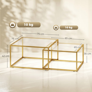 Set de 2 Mesas de Centro Cuadradas, Mesas Nido Modernas con Tablero de Vidrio Templado y Estructura Metálica, Ahorra Espacio, para Salón, Dormitorio u Oficina, 75x75x42 cm, Dorado