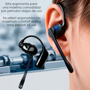 Auricular Bluetooth manos libres V1. Diseño reversible para uso en ambas orejas, micrófono magnético extraíble de 360° y batería de larga duración.