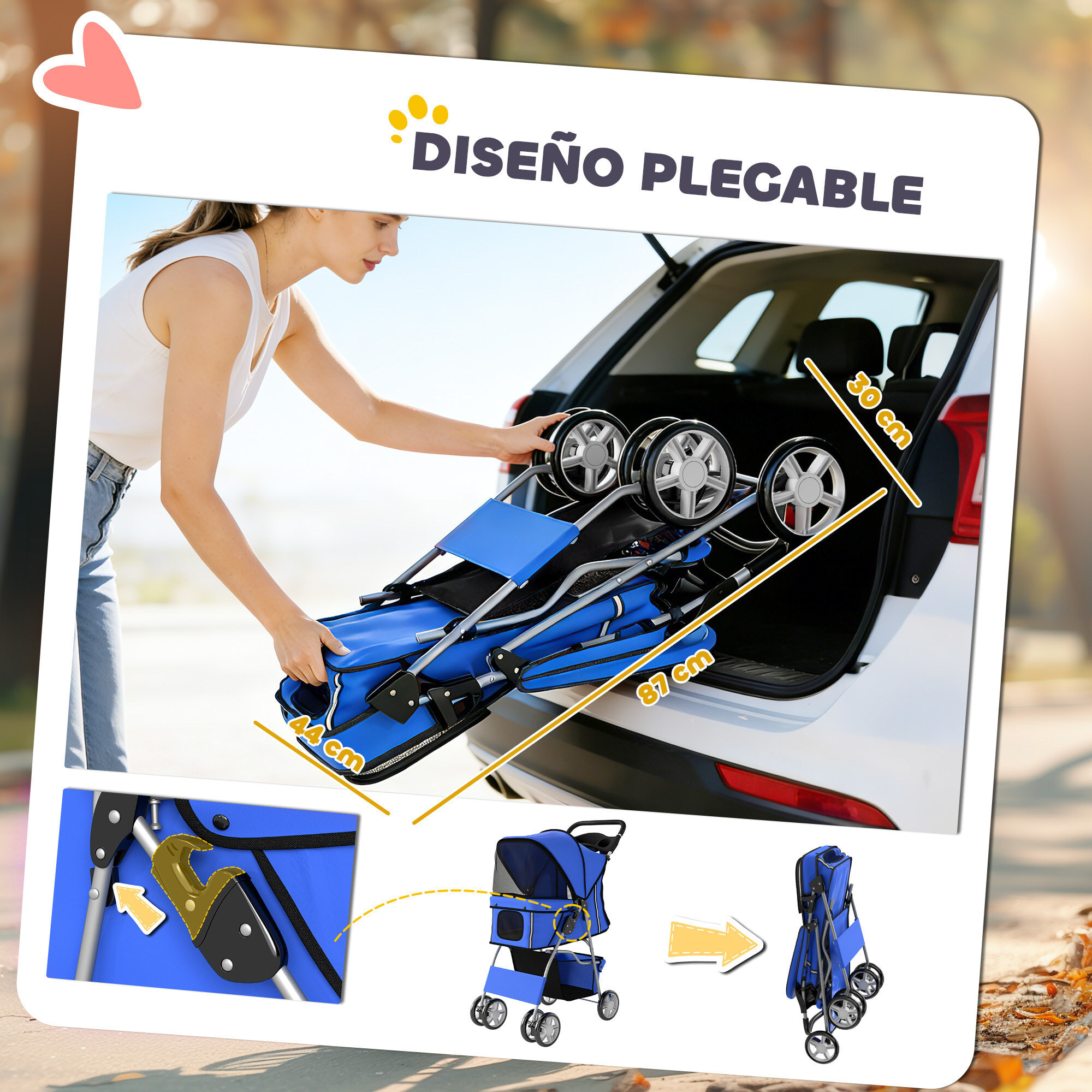 PawHut Carrito para Perros Gatos Plegable hasta 10 kg, Cochecito para Perros Pequeños con Ruedas de EVA y Frenos, Cesta de Almacenaje, Ventanas de Malla, Portavasos, Cojín Lavable, 77x44x102 cm, Azul