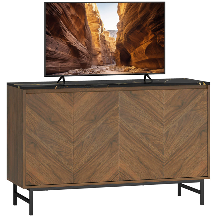 Meuble TV 120 cm, pour téléviseur jusqu'à 55 pouces avec 4 portes, plateau effet marbre, étagères réglables et pieds en acier