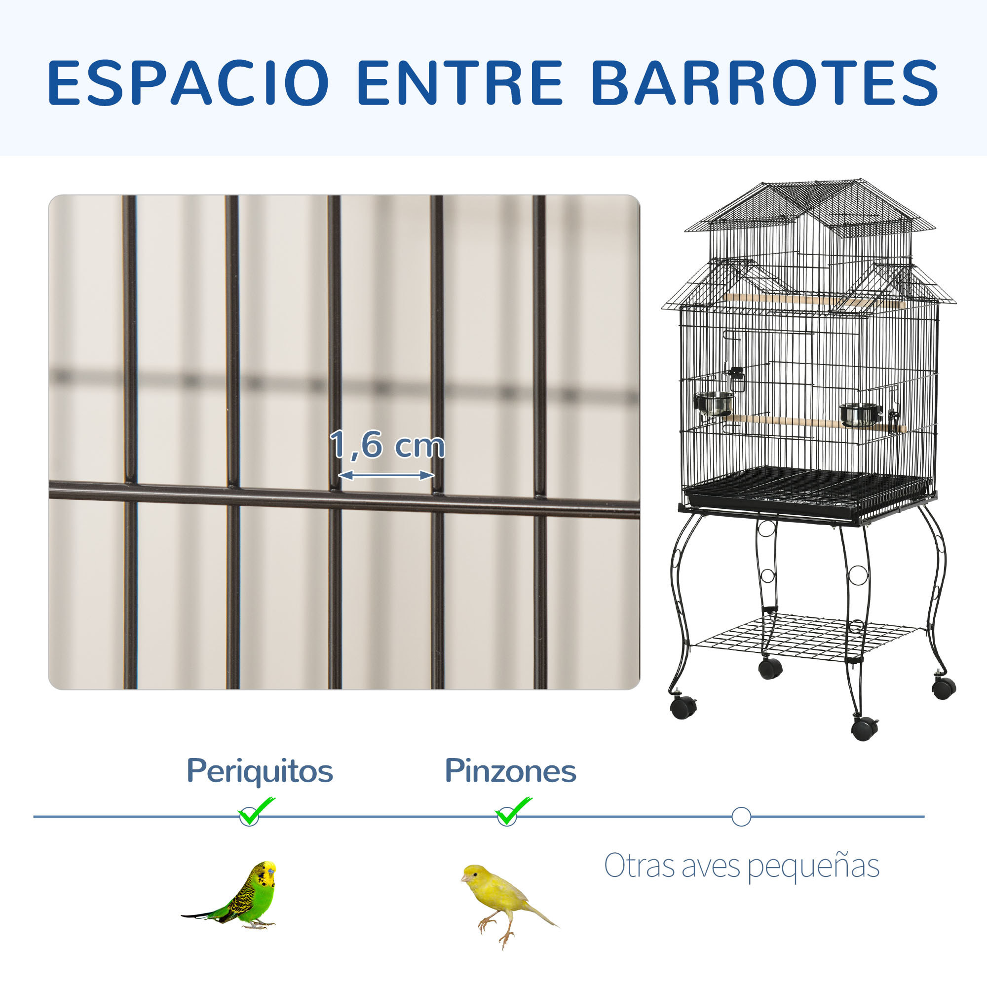 Jaula para Pájaros con Ruedas Jaula Grande con Soporte Pajarera con Bandeja Extraíble Puertas Comederos Perchas y Estante Inferior para Cacatúa ninfa Cotorra del Sol 50x49x137 cm Negro