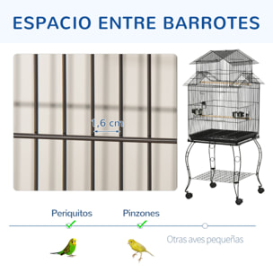 Jaula para Pájaros con Ruedas Jaula Grande con Soporte Pajarera con Bandeja Extraíble Puertas Comederos Perchas y Estante Inferior para Cacatúa ninfa Cotorra del Sol 50x49x137 cm Negro