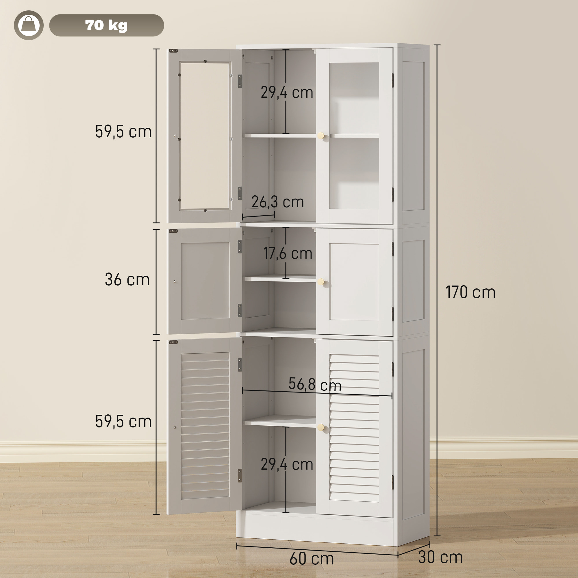 Armario de Baño Alto, Columna de Baño Estrecha con Puertas de Vidrio, Puertas de Lamas, Estantes Ajustables, 60x30x170 cm, Blanco