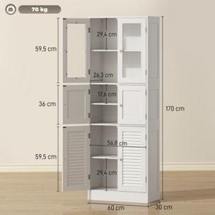 Armario de Baño Alto, Columna de Baño Estrecha con Puertas de Vidrio, Puertas de Lamas, Estantes Ajustables, 60x30x170 cm, Blanco