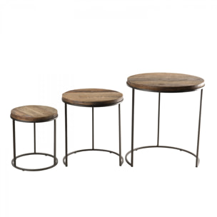 ALIDA - Set de 3 tables d'appoint rondes marrons Teck recyclé Acacia Mahogany pieds métal noirs