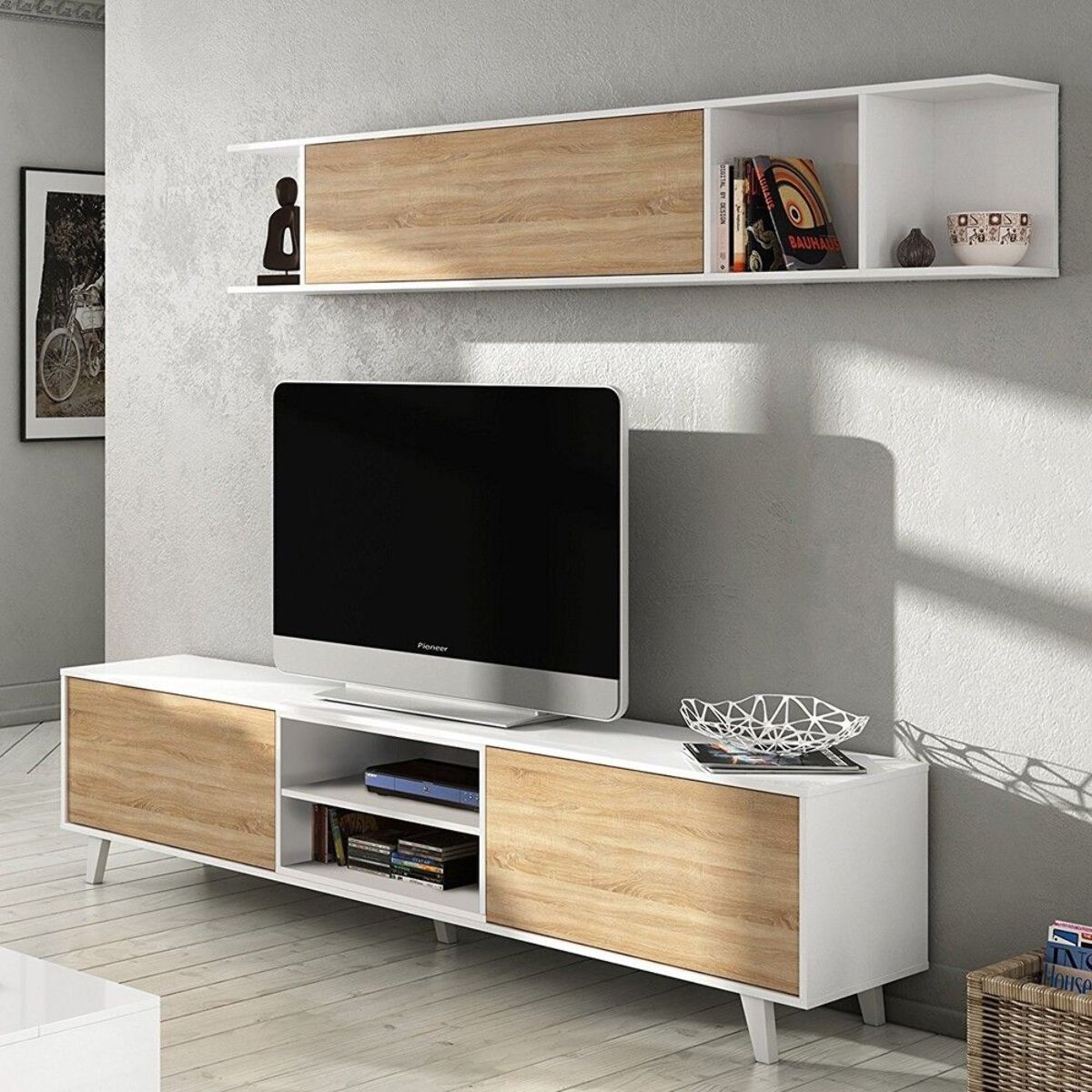 Parete Attrezzata Da Soggiorno Salotto Mobile TV Ante Soft Close Pensile Con Mensola Dsign Moderno Elegante 180x41x43 Cm Bianco Lucido Rovere