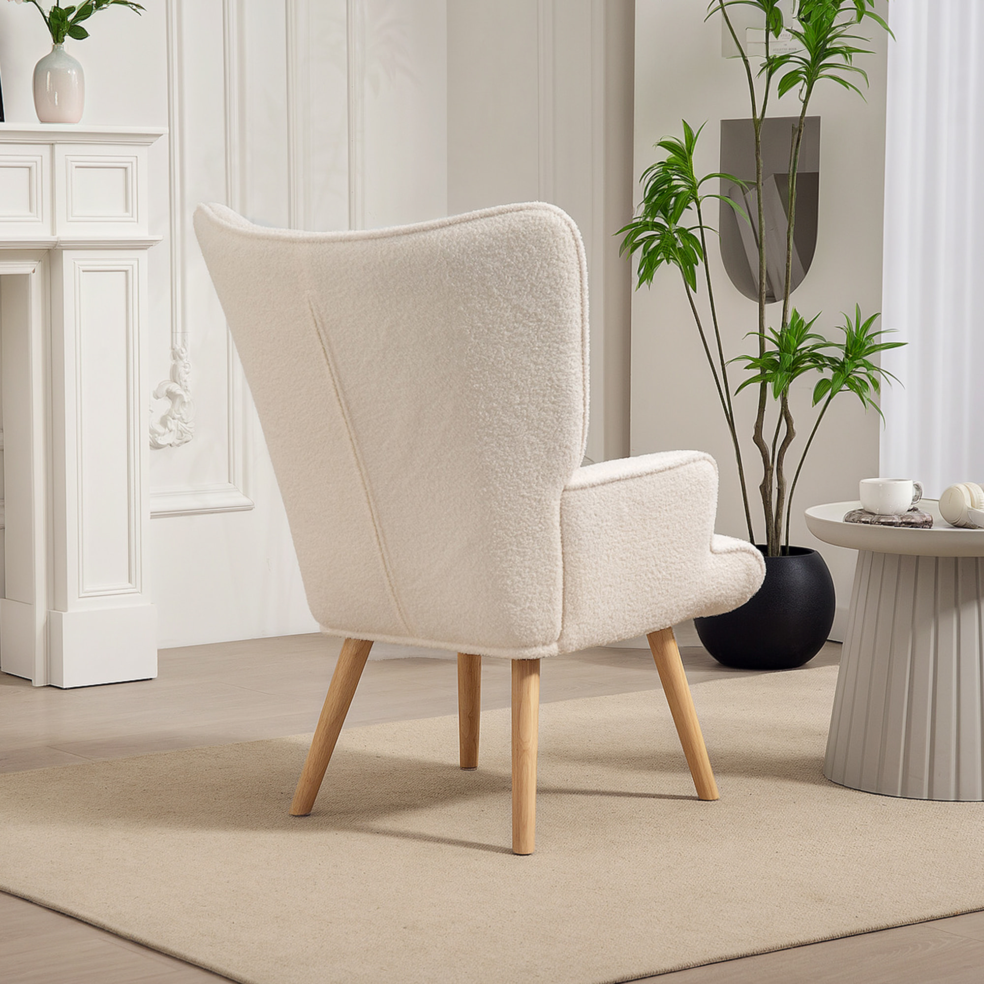 Fauteuil à oreilles style nordique piètement bois effet laine bouclée beige clair