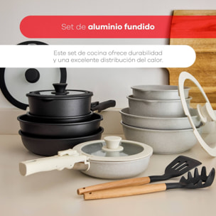 Batería de cocina 10 Pzs Negro / Mango extraíble, 3 Sartenes, 2 Cazos, Tapas y Utensilios/Aluminio fundido