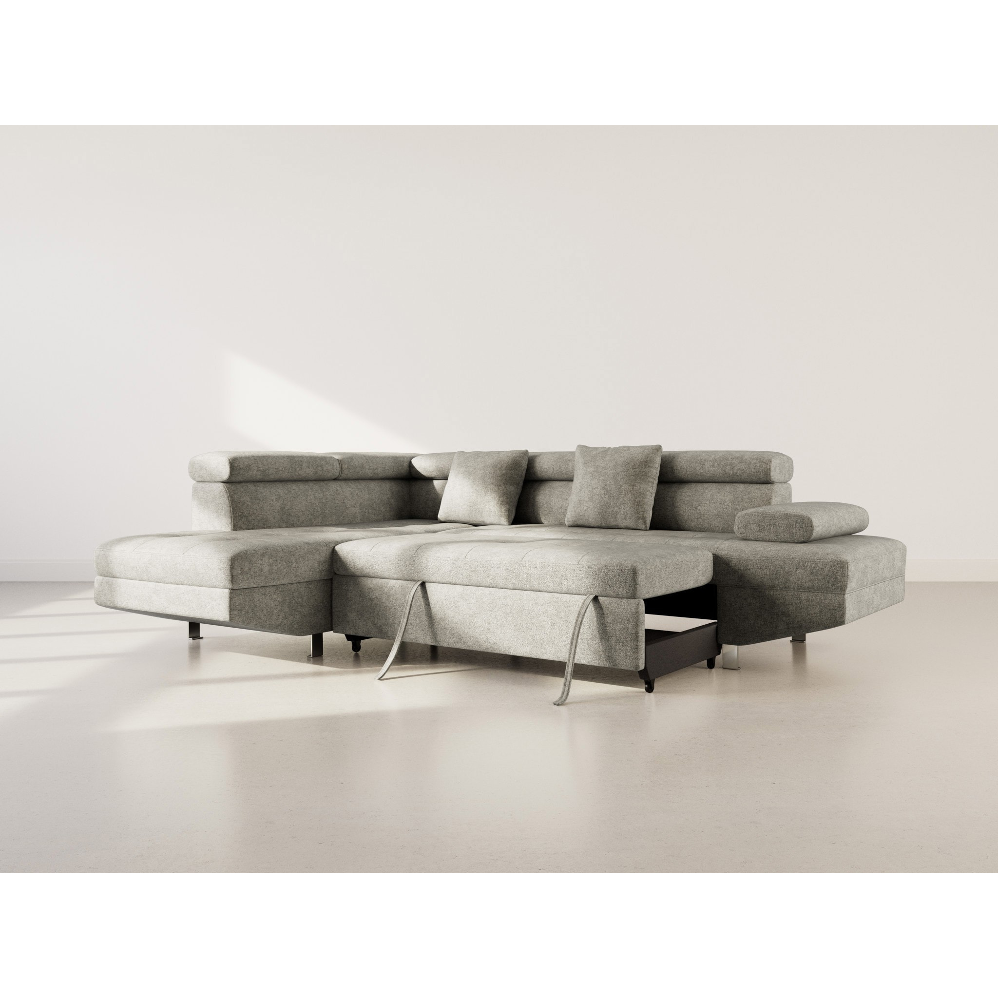 Margaux - Canapé d'angle gauche 5 places convertible avec coffre et têtières réglables en velours texturé - Vert