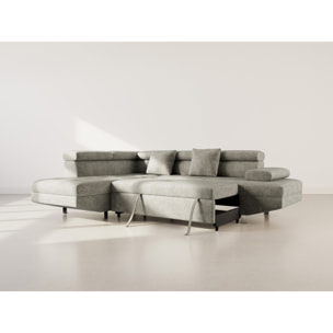 Margaux - Canapé d'angle gauche 5 places convertible avec coffre et têtières réglables en velours texturé - Vert