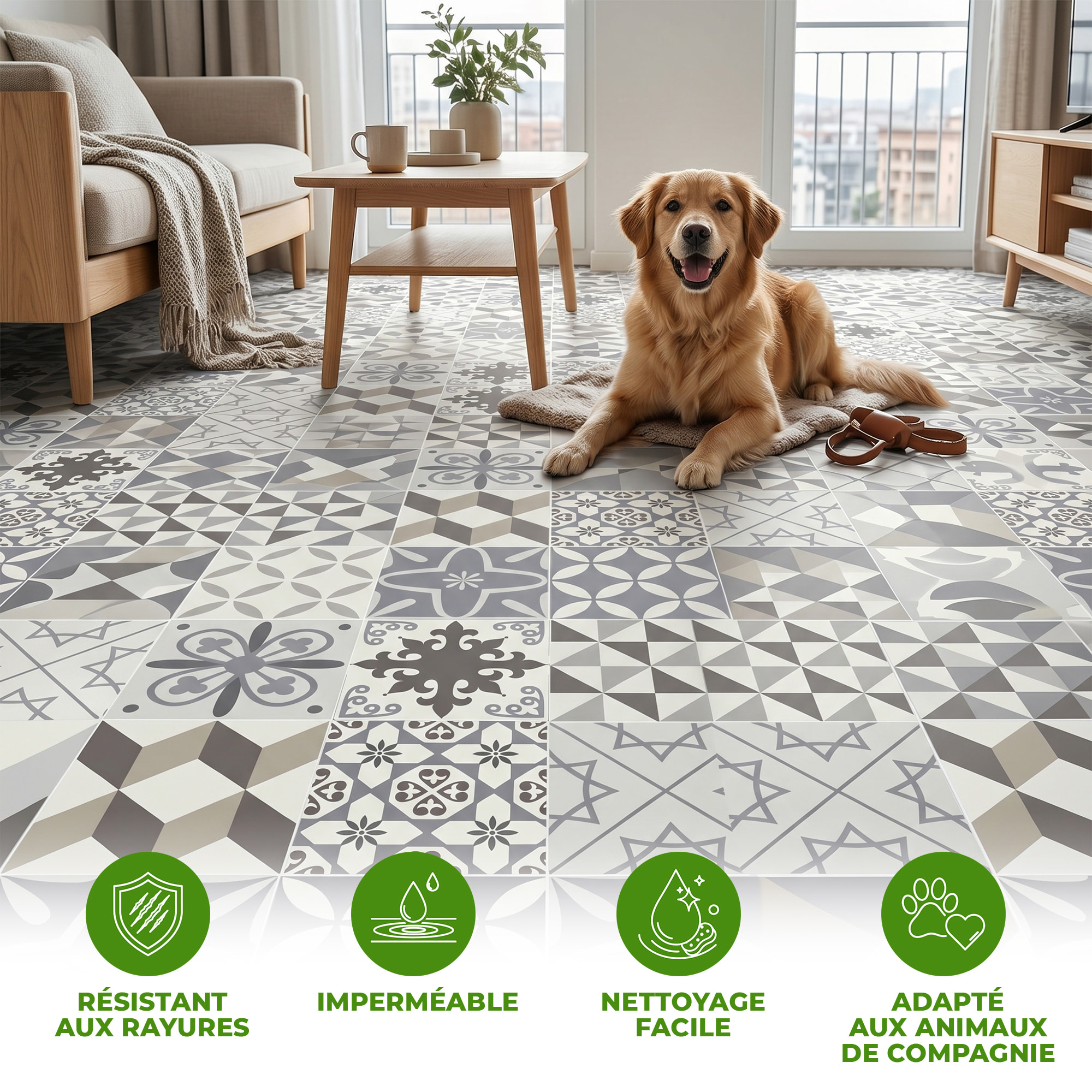 Sticker Sol avec laminat de Protection en Plastique Anti-dérapant | Stickers adhésif Sol - CARREAUX DE CIMENT SOL TOLOMEO - 1 sticker