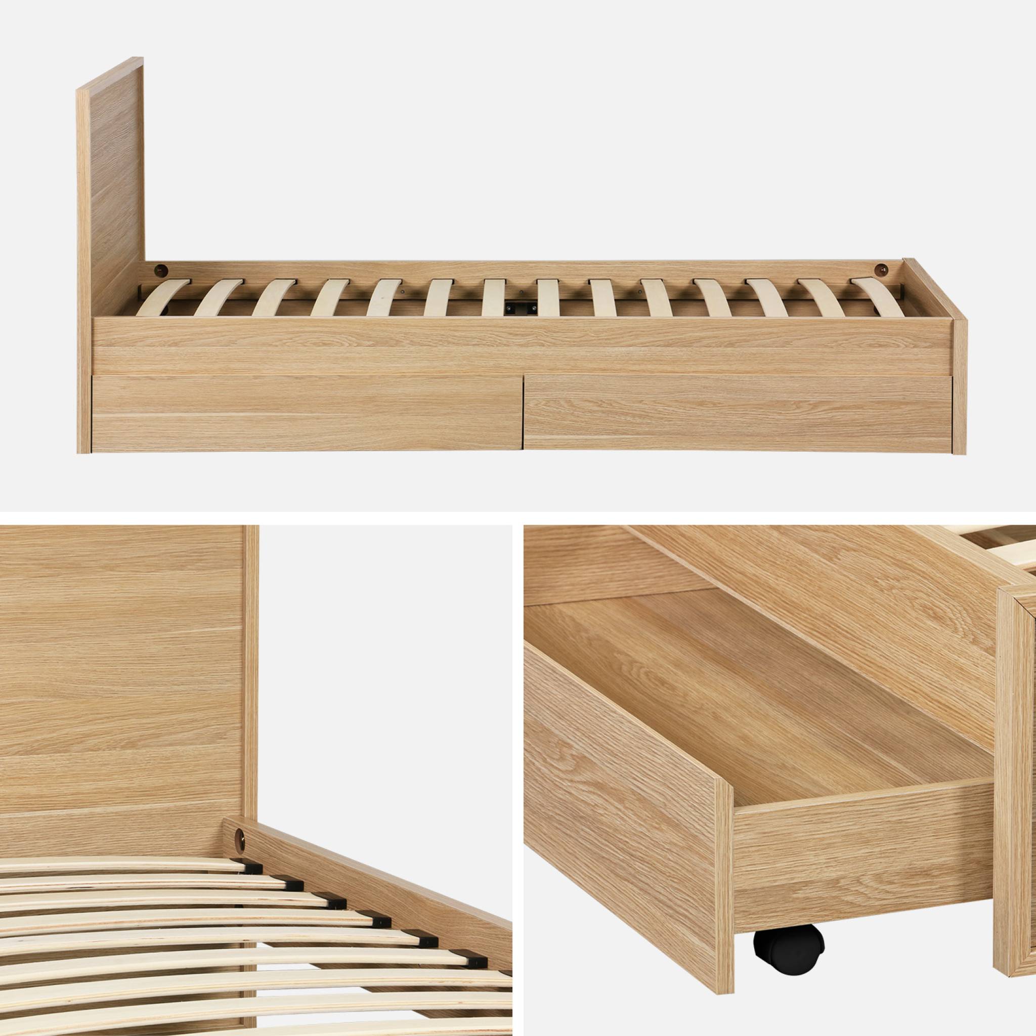 Lit avec sommier à lattes et tête de lit 90 x 190cm + 2 tiroirs décor bois KUBA