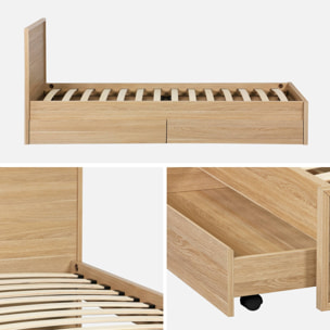 Lit avec sommier à lattes et tête de lit 90 x 190cm + 2 tiroirs décor bois KUBA