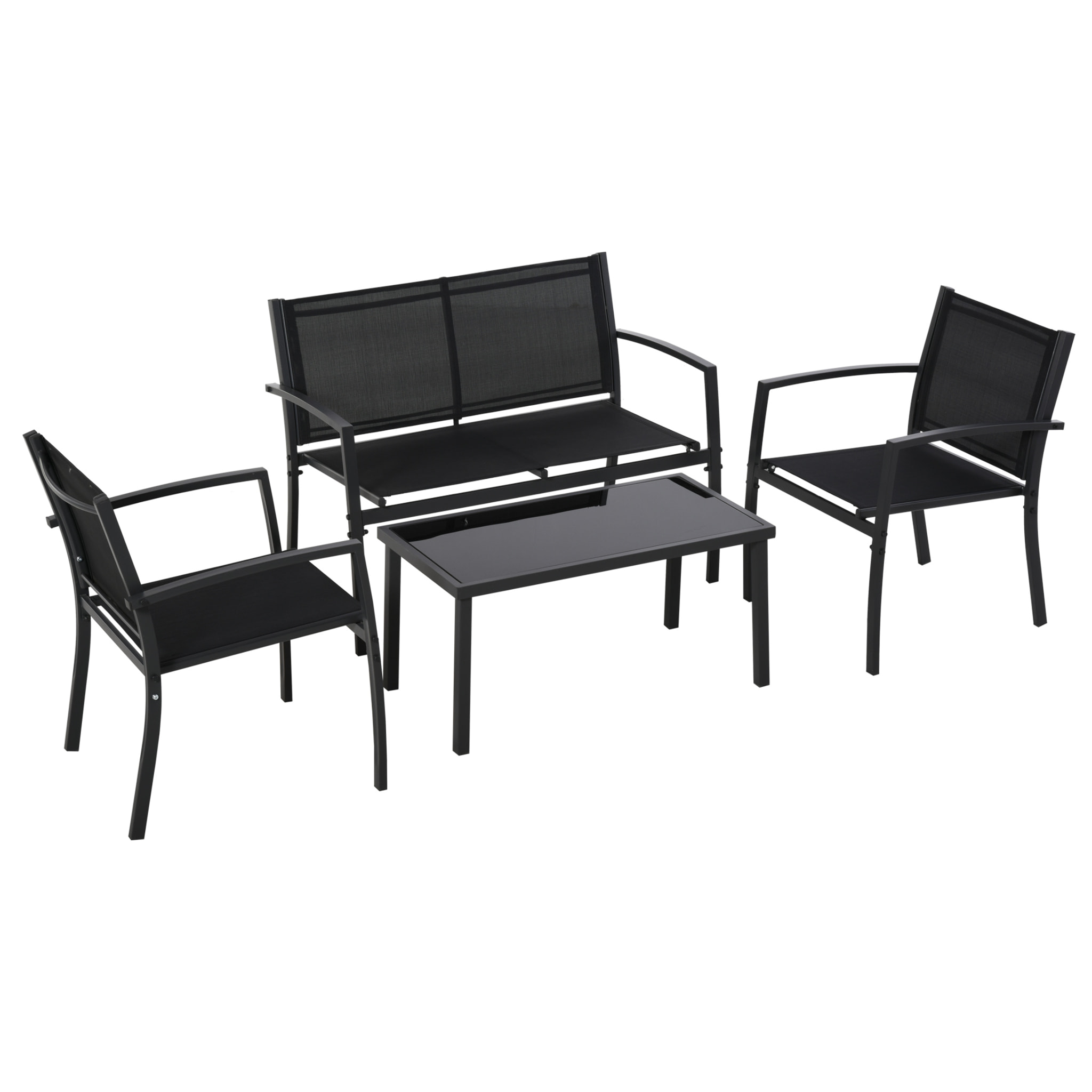 Outsunny Conjunto de Muebles de Jardín 4 Piezas Muebles Jardín Exterior con 2 Sillones 1 Sofá de 2 Plazas y Mesa de Centro con Tablero de Vidrio Templado Negro