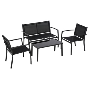 Outsunny Conjunto de Muebles de Jardín 4 Piezas Muebles Jardín Exterior con 2 Sillones 1 Sofá de 2 Plazas y Mesa de Centro con Tablero de Vidrio Templado Negro