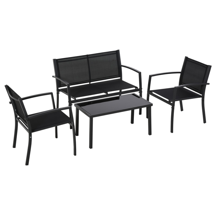 Outsunny Conjunto de Muebles de Jardín 4 Piezas Muebles Jardín Exterior con 2 Sillones 1 Sofá de 2 Plazas y Mesa de Centro con Tablero de Vidrio Templado Negro