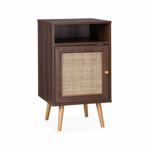 Table de chevet en cannage - Bohème - 40x39x70cm. couleur noyer - 2 niveaux - 1 porte - 1 espace de rangement - pieds scandinaves