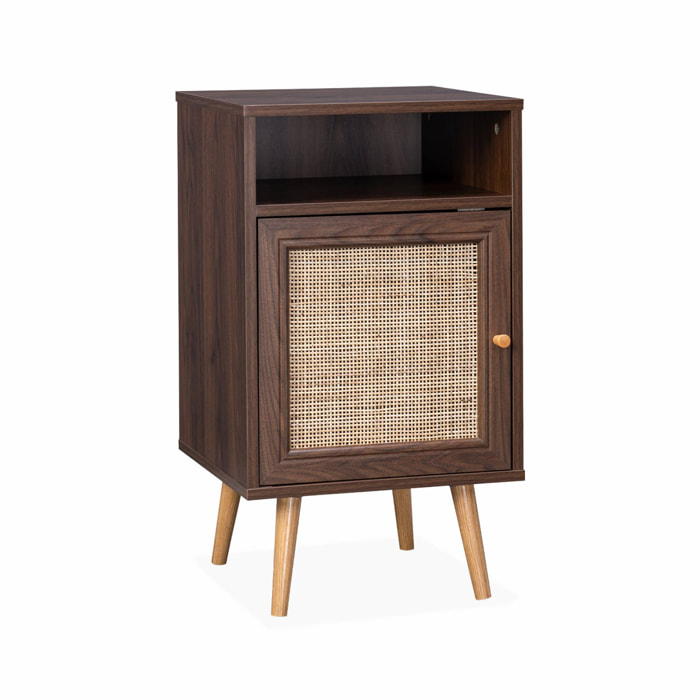 Table de chevet en cannage - Bohème - 40x39x70cm. couleur noyer - 2 niveaux - 1 porte - 1 espace de rangement - pieds scandinaves