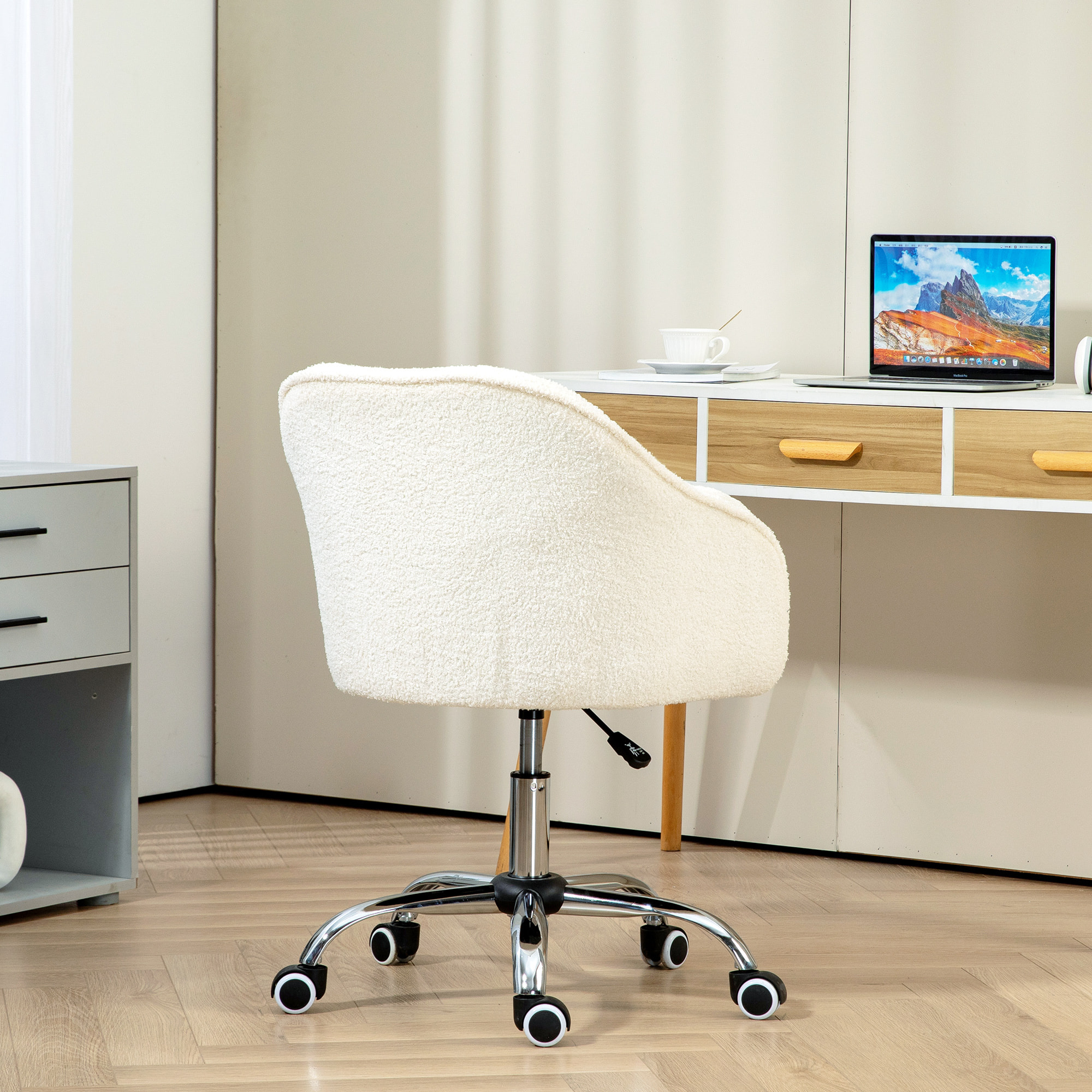 Chaise de bureau tissu bouclette design hauteur réglable pivotante piètement acier crème