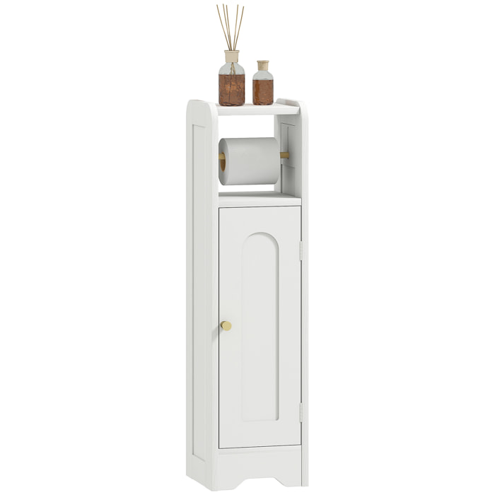 Armario de Baño Estrecho Mueble Auxiliar de Baño 21x20x79 cm con Estante Ajustable Portarrollos de Papel Extraíble y Puerta con Panel Arqueado para Espacios Pequeños Blanco