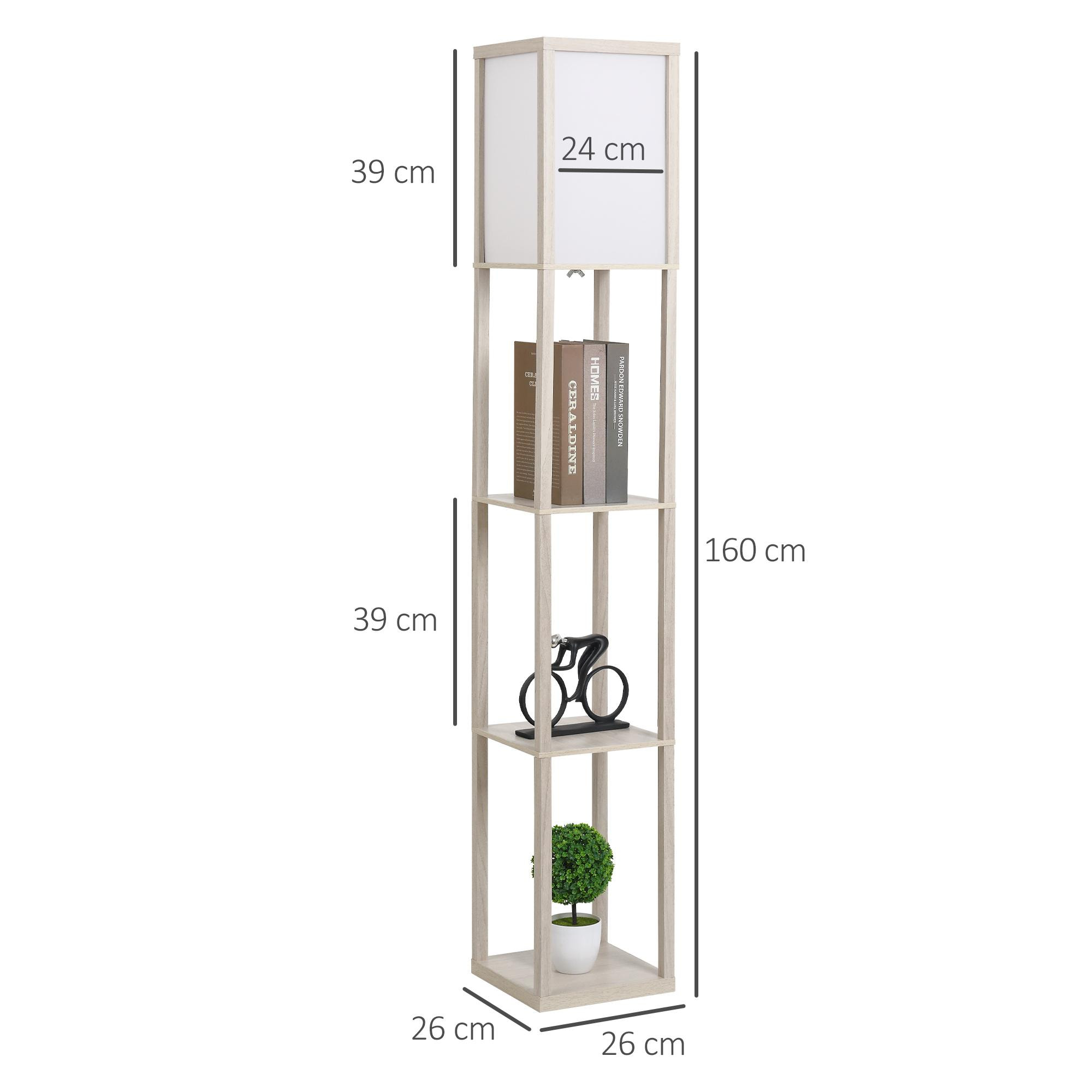 Lámpara de Pie de Madera con 3 Estantes de Almacenaje para Bombilla E27 Potencia Máx. 40W Lámpara Moderna para Salón Dormitorio 26x26x160 cm Roble y Blanco