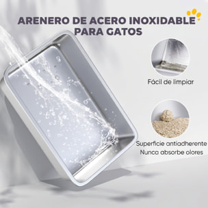 Arenero para Gatos de Acero Inoxidable XL Caja de Arena para Gatos Arenero con Borde Alto Alfombrilla Pala Fácil de Limpiar Prueba de Fugas 60x40x29,5 cm Gris