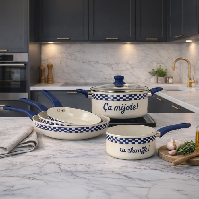 Batterie de cuisine 5 pièces en aluminium recyclé bleu - tout feux GINETTE