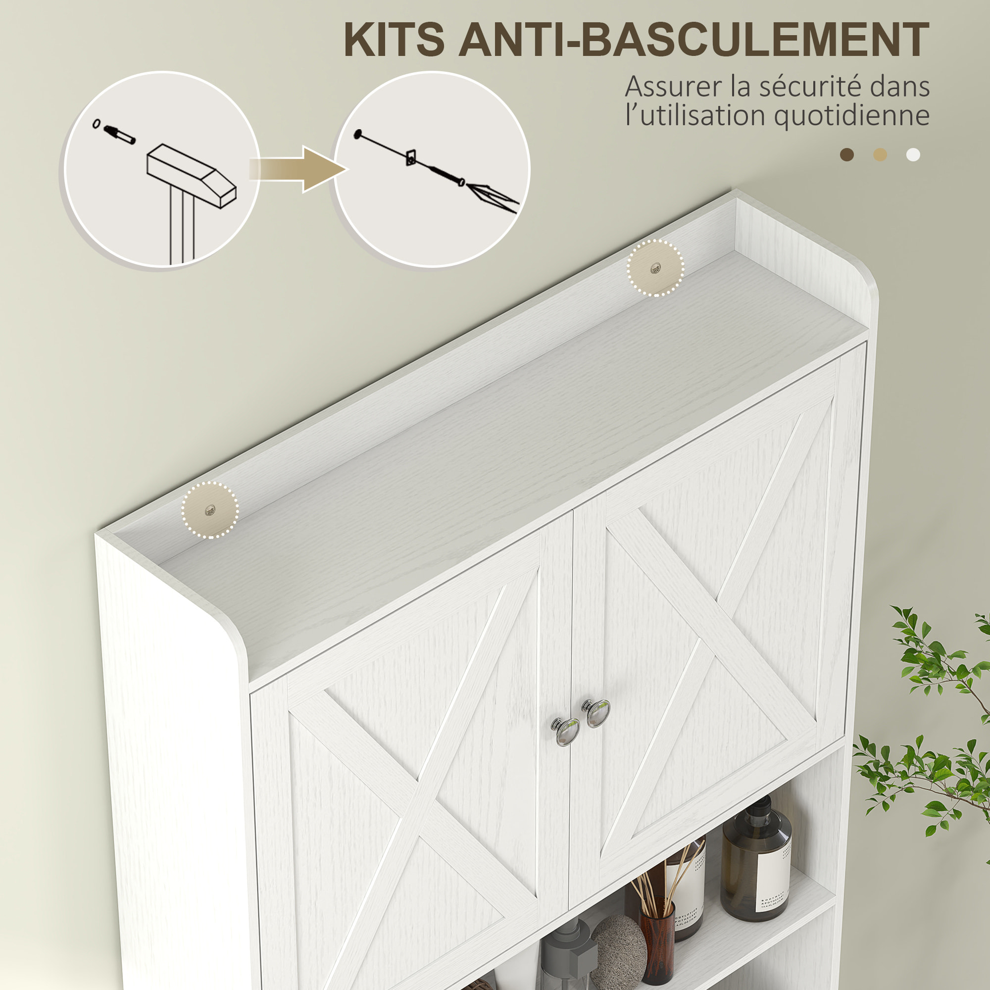 Meuble WC meuble dessus toilettes 2 portes étagère 3 niches porte-papier blanc