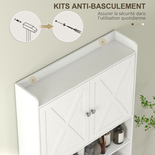 Meuble WC meuble dessus toilettes 2 portes étagère 3 niches porte-papier blanc