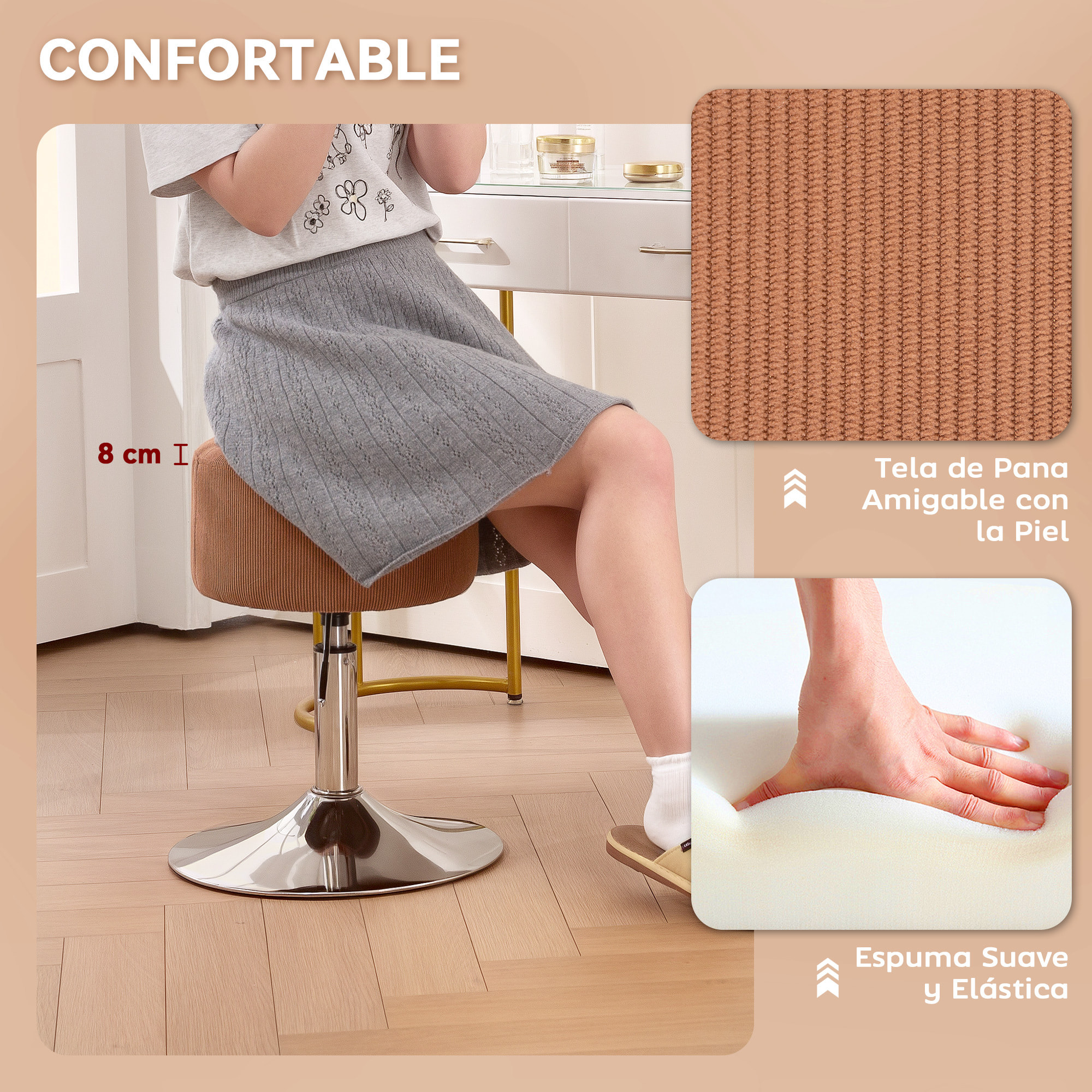 Taburete de Bar Taburete Alto de Cocina Regulable en Altura 52-66 cm Tapizado en Pana Giratorio en 360° para Comedor Tocador Mostrador Marrón