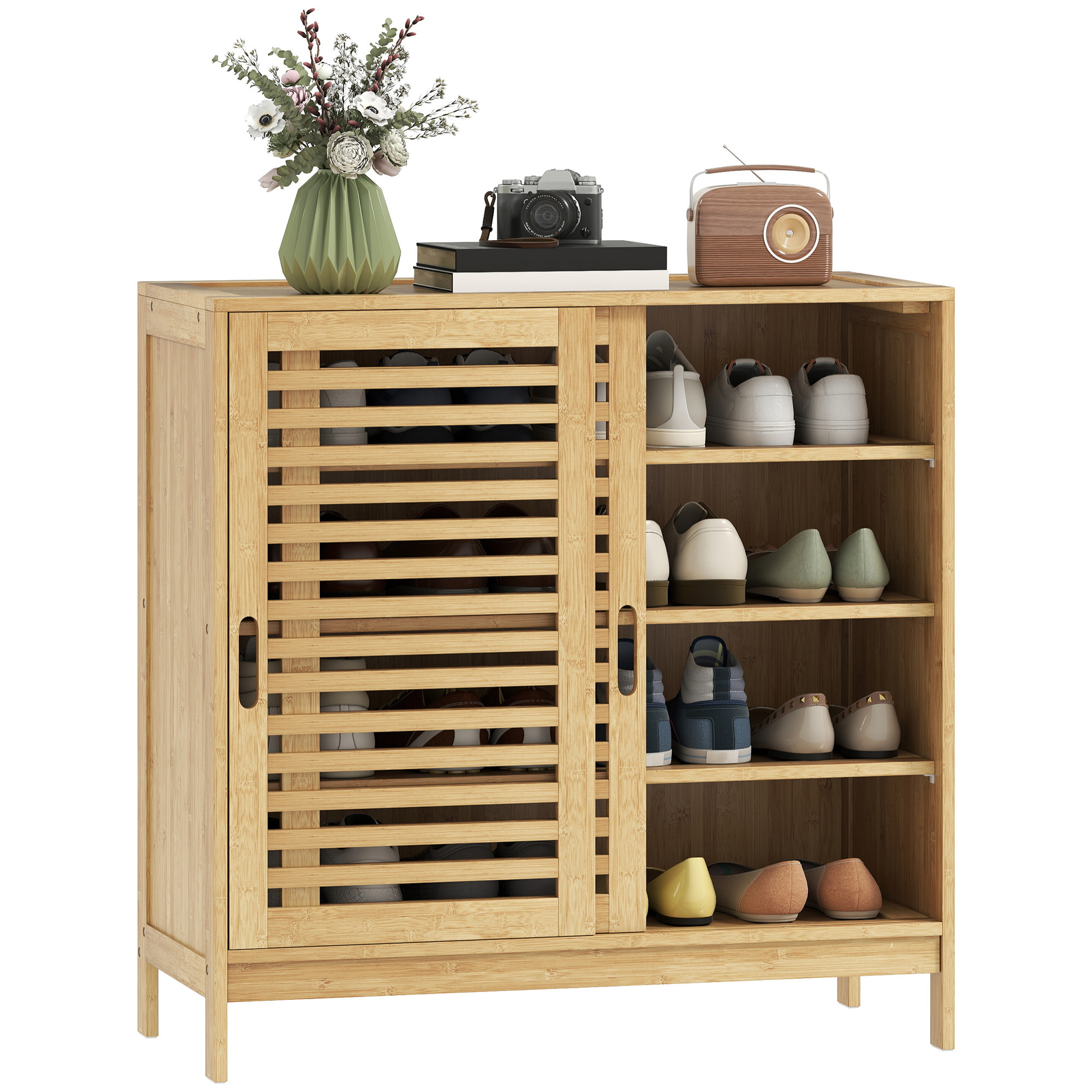Zapatero de Bambú con 2 Puertas Correderas de Lamas, Zapatero Entrada Recibidor con Estantes Ajustables, para 16 Pares de Zapatos, 80x35x80 cm, Natural