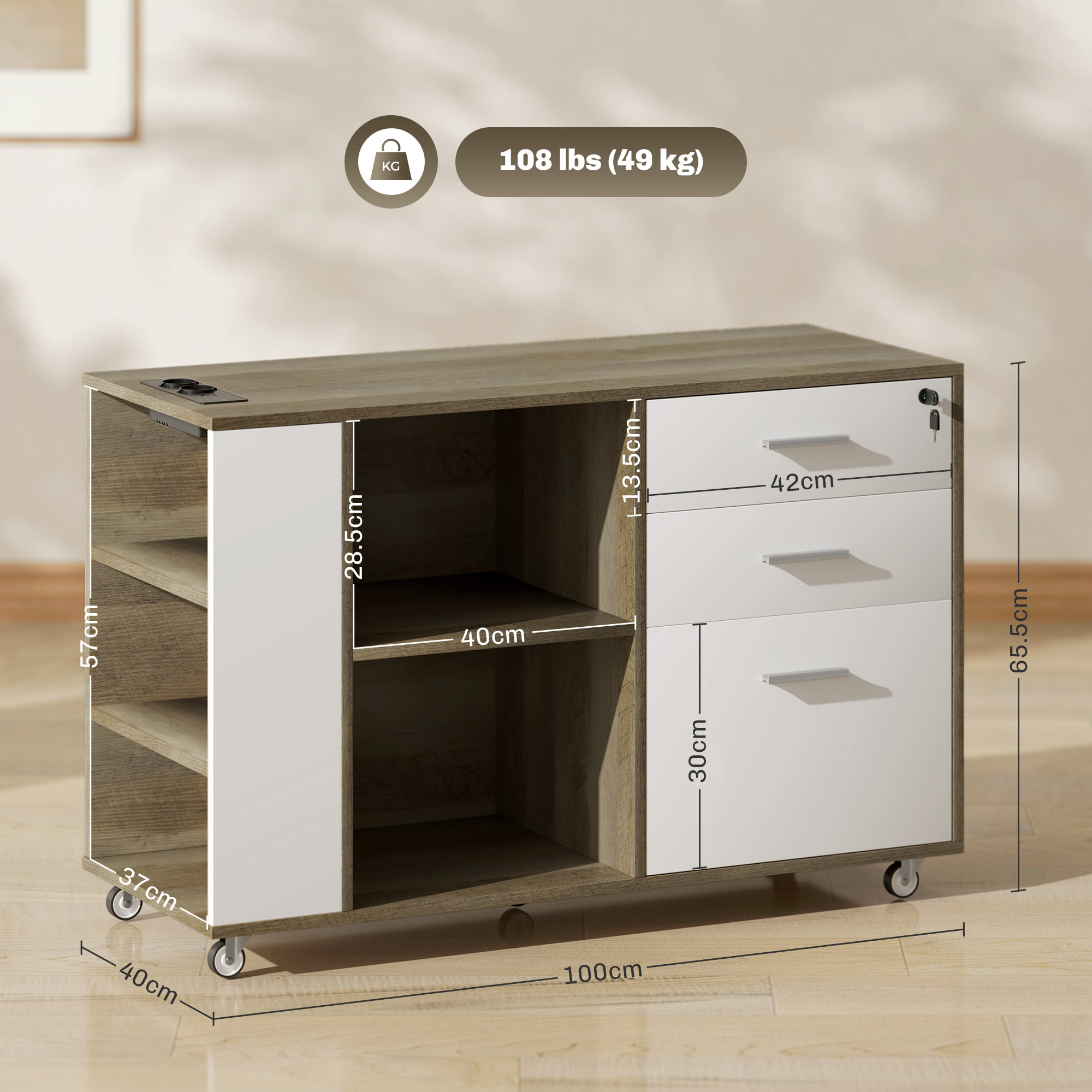 Cajonera de Oficina con Ruedas Mueble Archivador con 3 Cajones Cajonera para Escritorio con Estación de Carga Cerradura y Estantes 100x40x65,5 cm Marrón Grisáceo