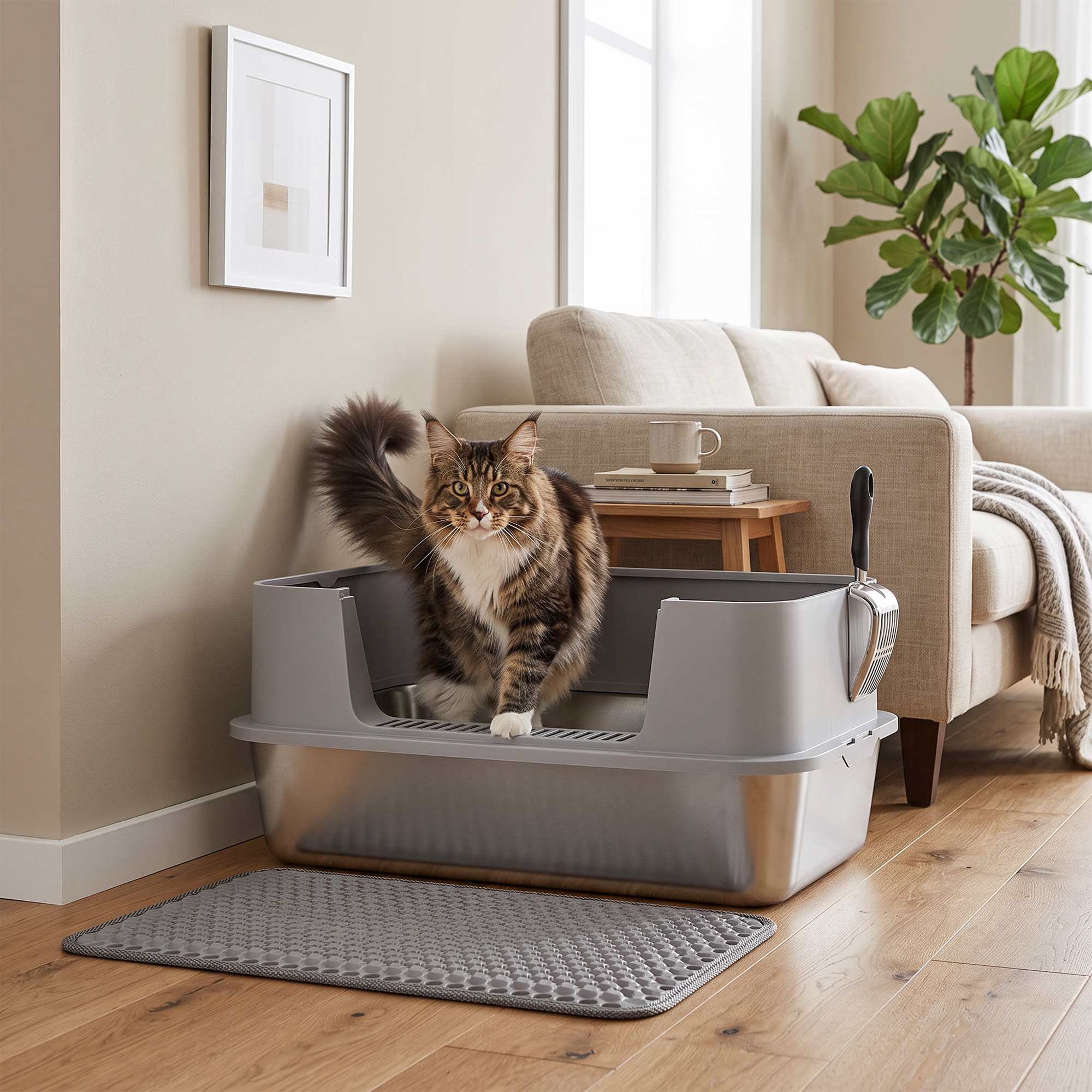 Arenero para Gatos de Acero Inoxidable XL Caja de Arena para Gatos Arenero con Borde Alto Alfombrilla Pala Fácil de Limpiar Prueba de Fugas 60x40x29,5 cm Gris