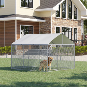 Chenil extérieur avec toit pour chien 5 m² - parc grillagé 230 x 230 x 175 cm - espace couvert - acier galvanisé