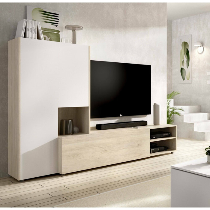 Parete attrezzata Abrino, Composizione soggiorno, Mobile salotto multiuso, Armadio porta TV, 227x40 h141 cm, Bianco e Rovere