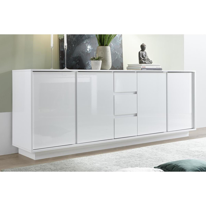 Buffet design blanc laqué brillant 4 portes 3 tiroirs L210 cm COMO